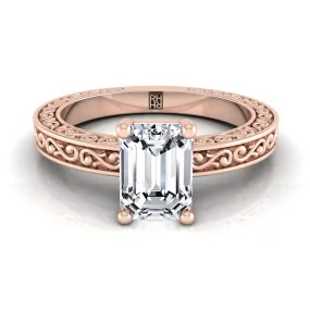 14K Rose Gold Emerald Cut Hand Engraved Scroll Vintage Solitaire Engagement Ring