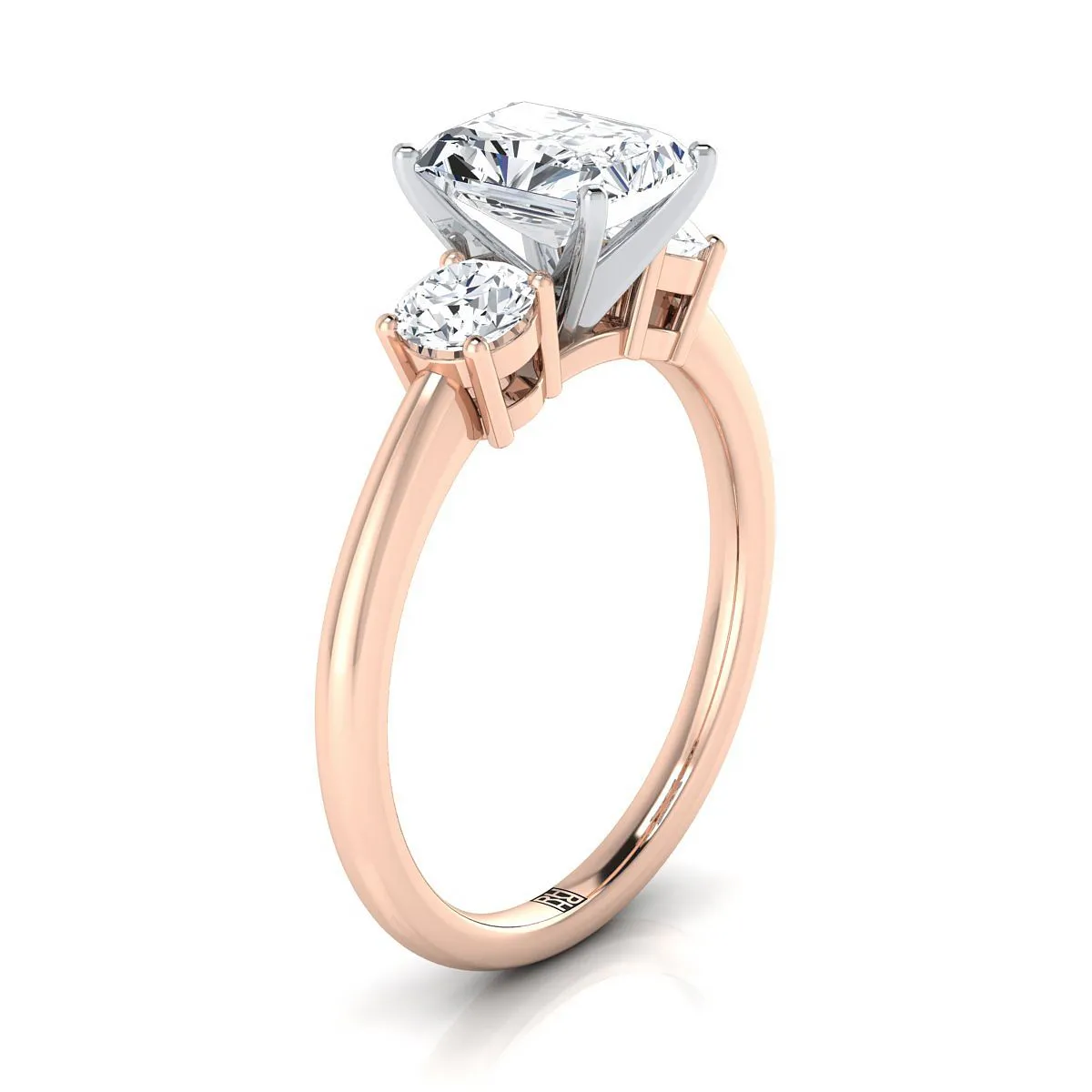 14K Rose Gold Radiant Cut Center Diamond Perfectly Matched Round Three Stone Diamond Engagement Ring -1/4ctw