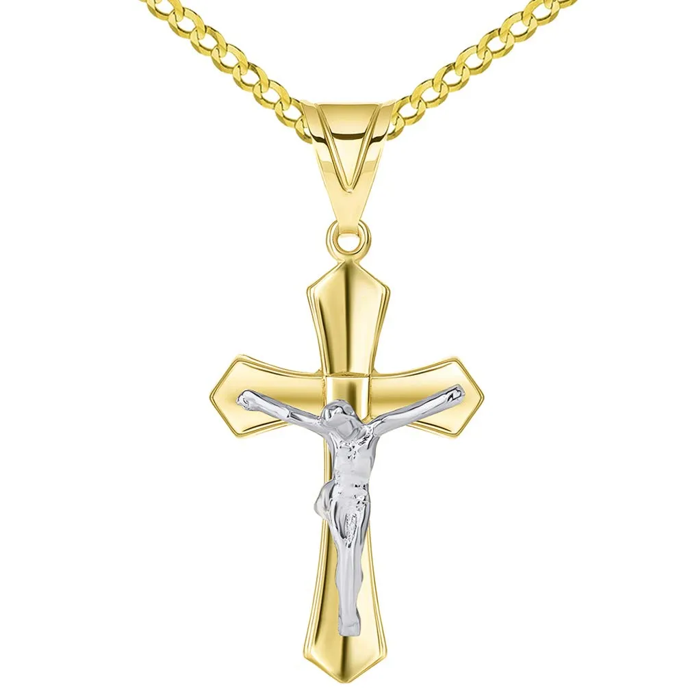 14k Two Tone Solid Gold Passion Christian Cross Crucifix Pendant with Rolo, Curb, or Figaro Chain Necklaces