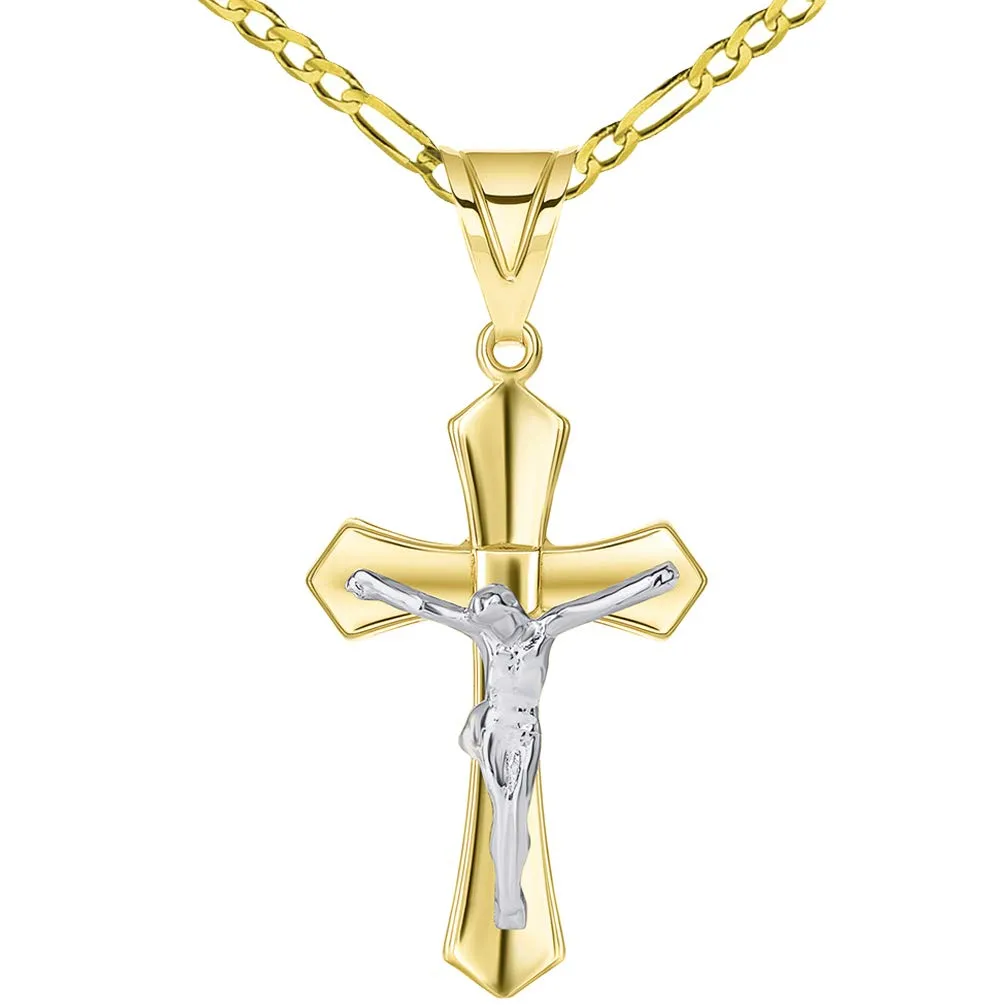 14k Two Tone Solid Gold Passion Christian Cross Crucifix Pendant with Rolo, Curb, or Figaro Chain Necklaces