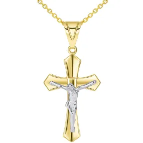 14k Two Tone Solid Gold Passion Christian Cross Crucifix Pendant with Rolo, Curb, or Figaro Chain Necklaces