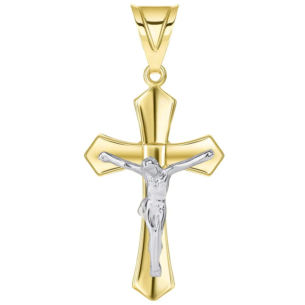 14k Two Tone Solid Gold Passion Christian Cross Crucifix Pendant with Rolo, Curb, or Figaro Chain Necklaces