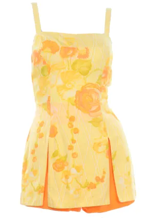 1960s Gabar Vintage Yellow Romper Playsuit w/ Orange Rose Print