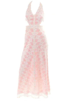 1970s Eloise Curtis Orange & White Lace & Gingham Cutout Halter Maxi Dress