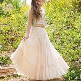 2 Pieces Sequin Top  Chiffon Skirt Flower Girl Dresses, Junior Bridesmaid Dresses, FG059