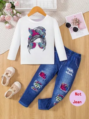 2pcs Cute Young Girl Cartoon Graphic Top And Print Pants For Spring And Fall Parties And Gifts