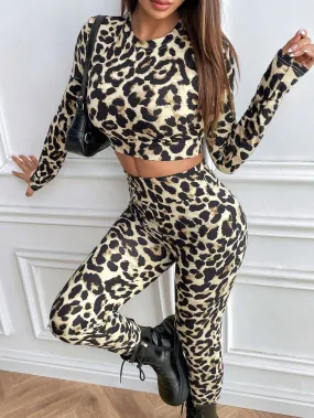 2pcs Leopard Print Long Sleeve Top And High Waisted Leggings Set For Women