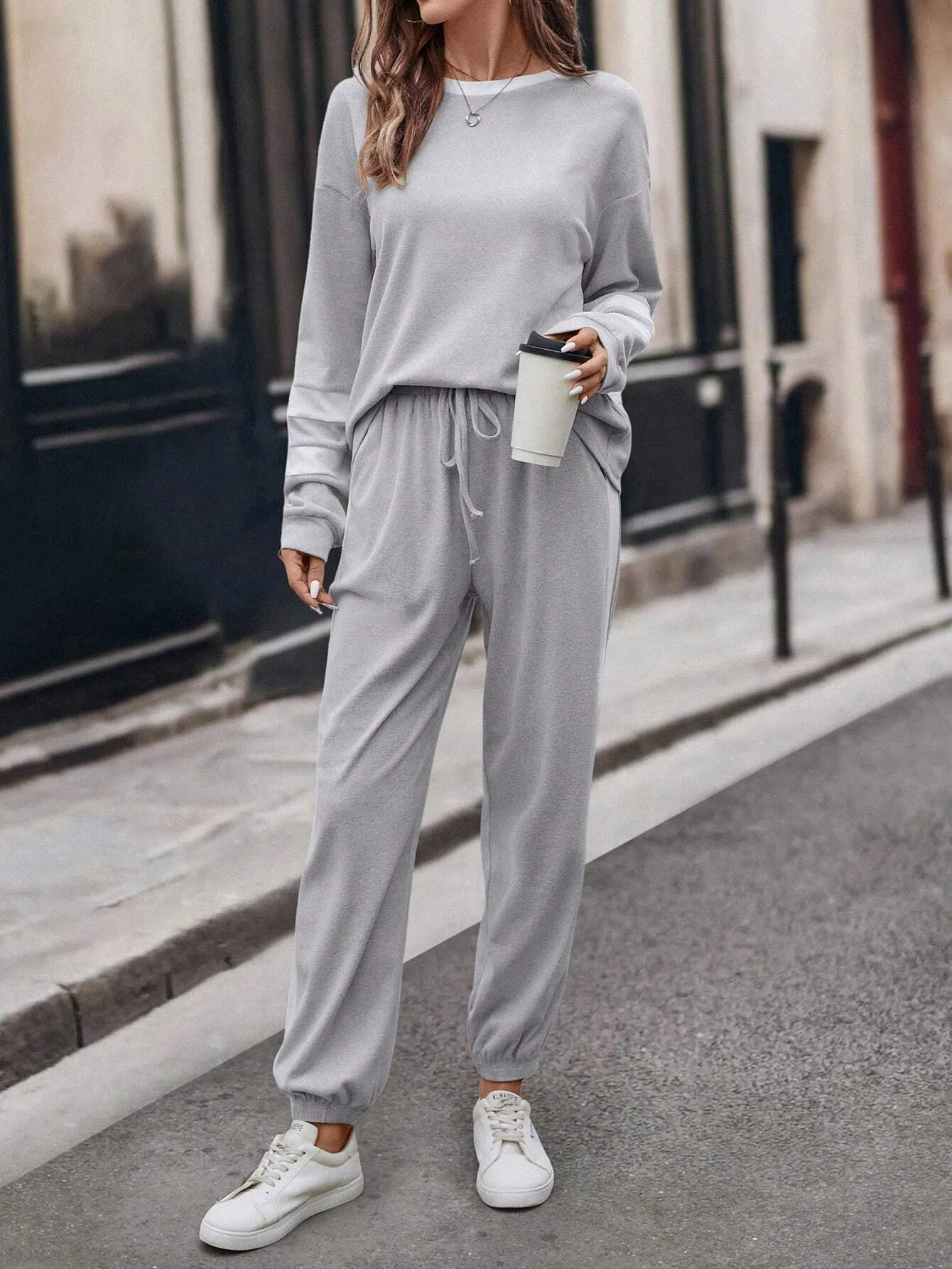 2pcs Women Casual Gray Knitted Round Neck Contrast Color Long Sleeve Top And Skinny Pants Set, Autumn