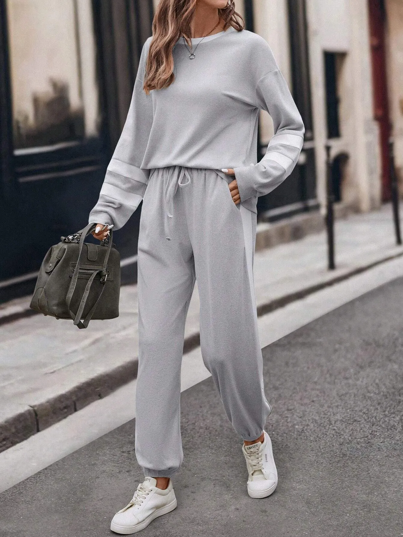 2pcs Women Casual Gray Knitted Round Neck Contrast Color Long Sleeve Top And Skinny Pants Set, Autumn