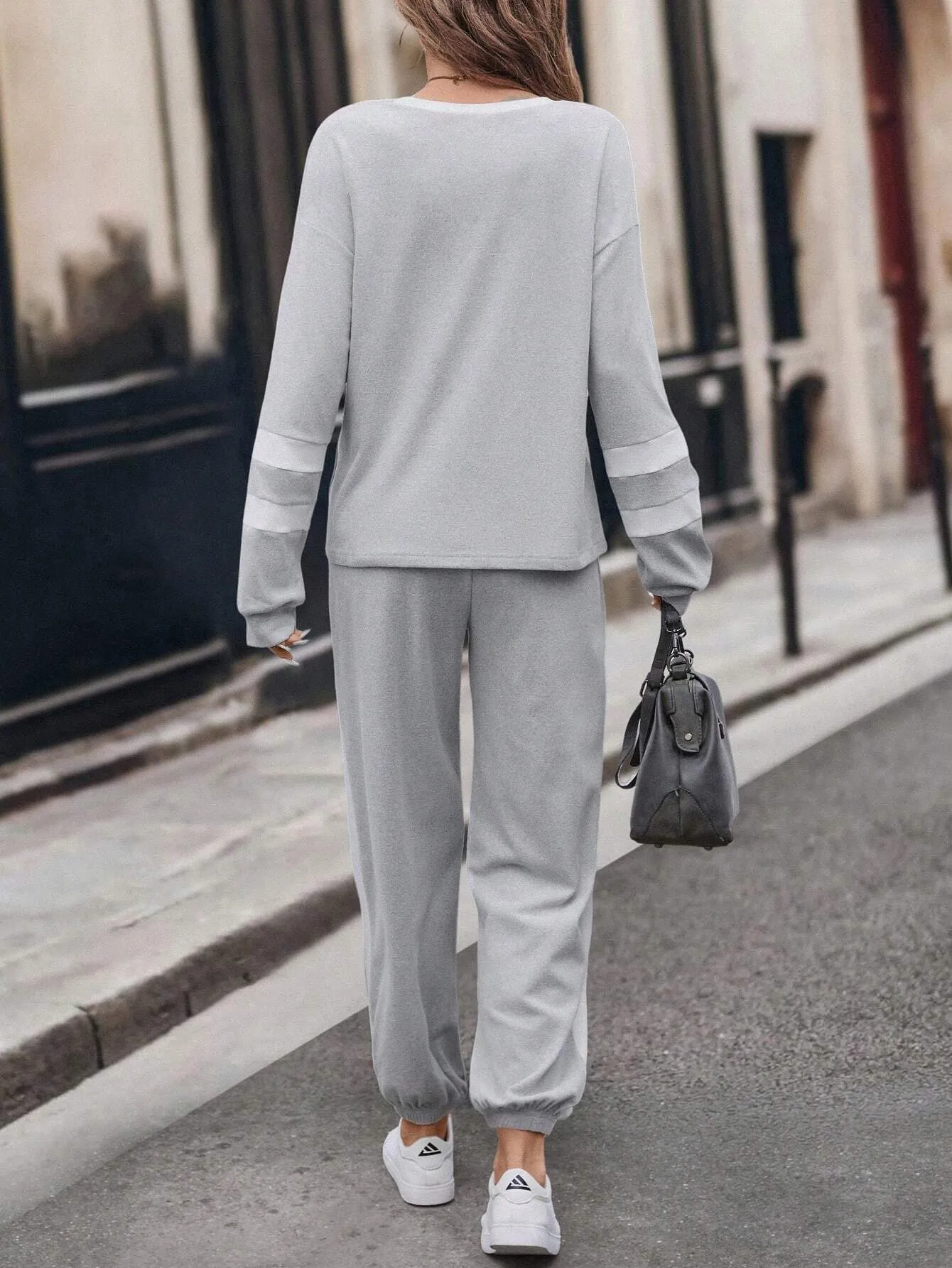 2pcs Women Casual Gray Knitted Round Neck Contrast Color Long Sleeve Top And Skinny Pants Set, Autumn