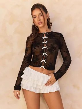 2pcs Women Sexy Lace See-Through Bow Decor Blouse And Low Waist Ruffle Hem Skirt Set