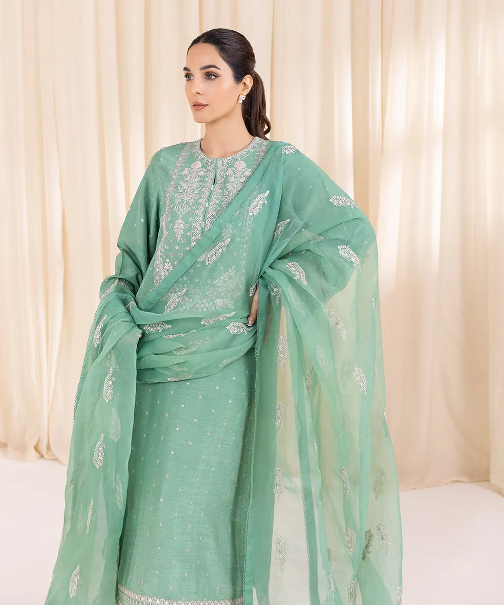 3 Piece - Embroidered Raw Silk Suit