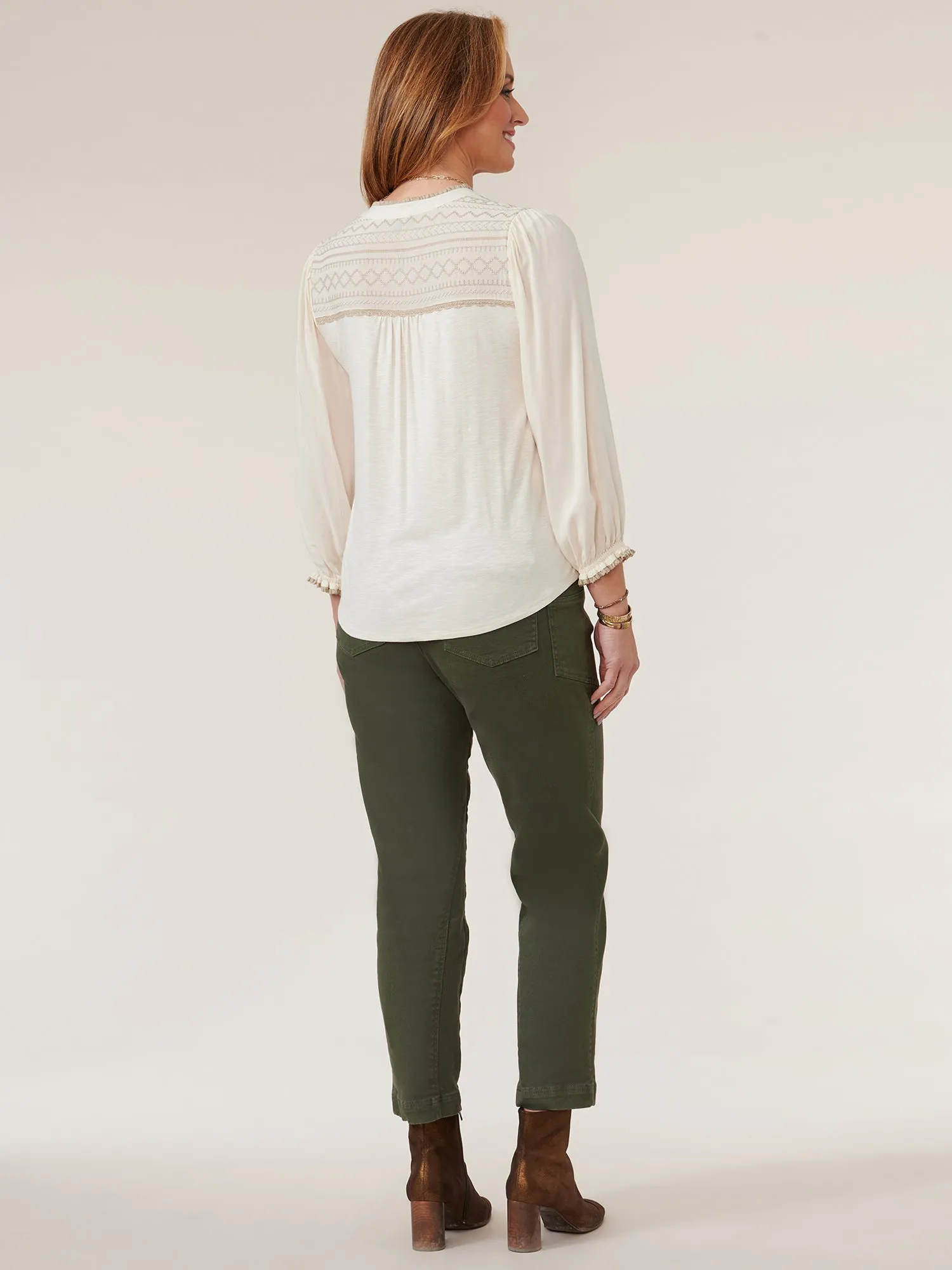 3/4 Blouson Sleeve Embroidered Half Placket Knit Top