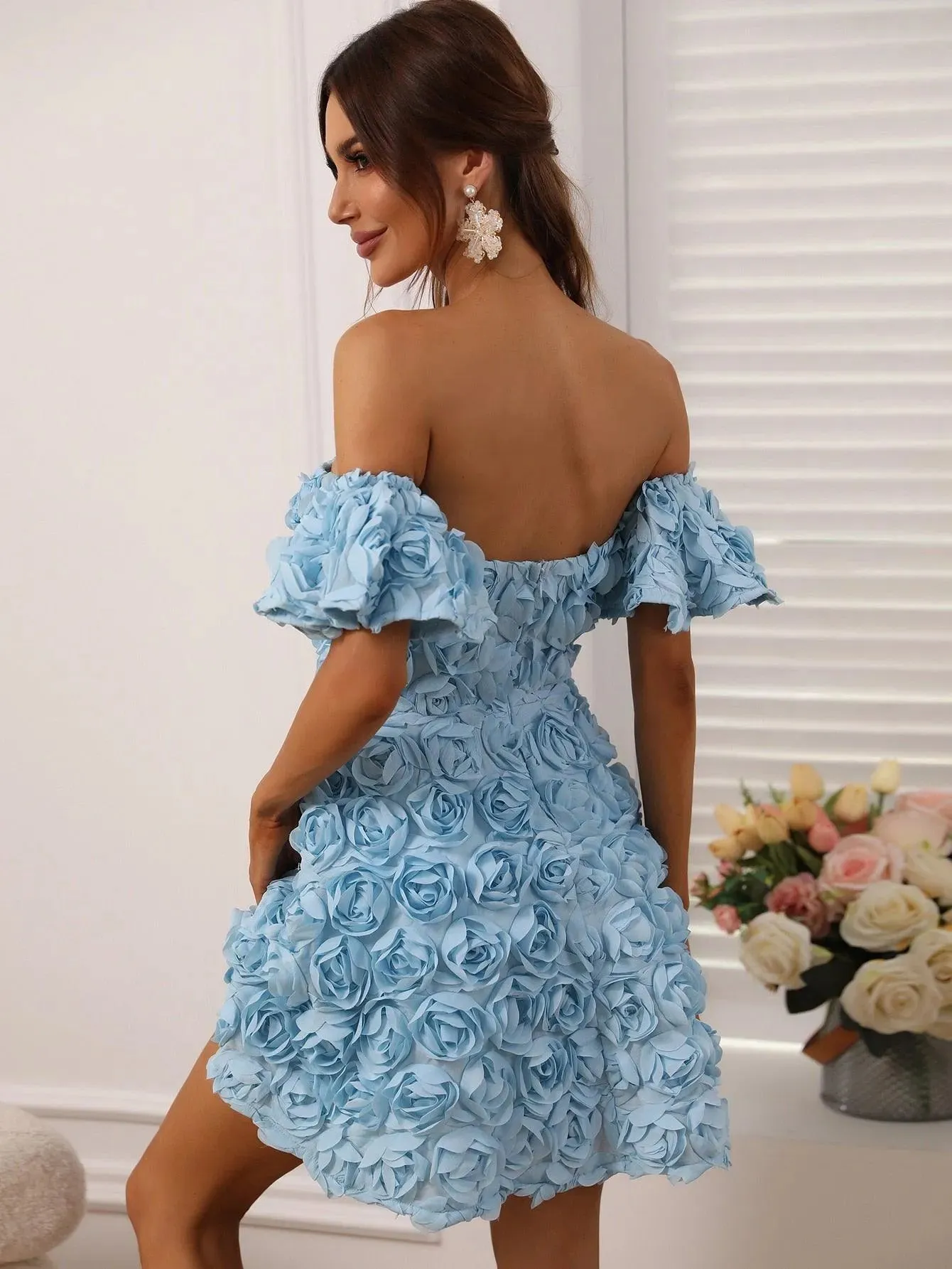 3D Flower Off Shoulder Party Dress