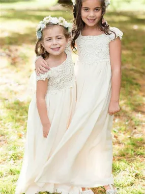 A-line Lace Top Cap Sleeves Chiffon Flower Girl Dresses, FG0148