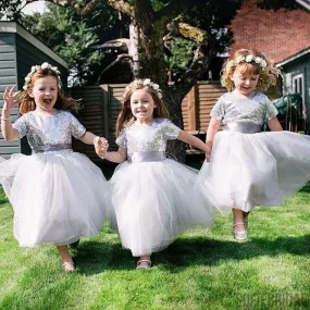 A-line Round Neck Short Sleeves Sequins Top Flower Girl Dresses, FG0101