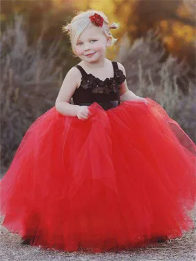 A-line Sleeve Scoop Neck Long Red Tulle Flower Girl Dresses, FG0112