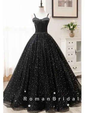 A-Line Sweetheart Spaghetti Straps Black Tulle Long Prom Dresses With Beading,RBPD0018