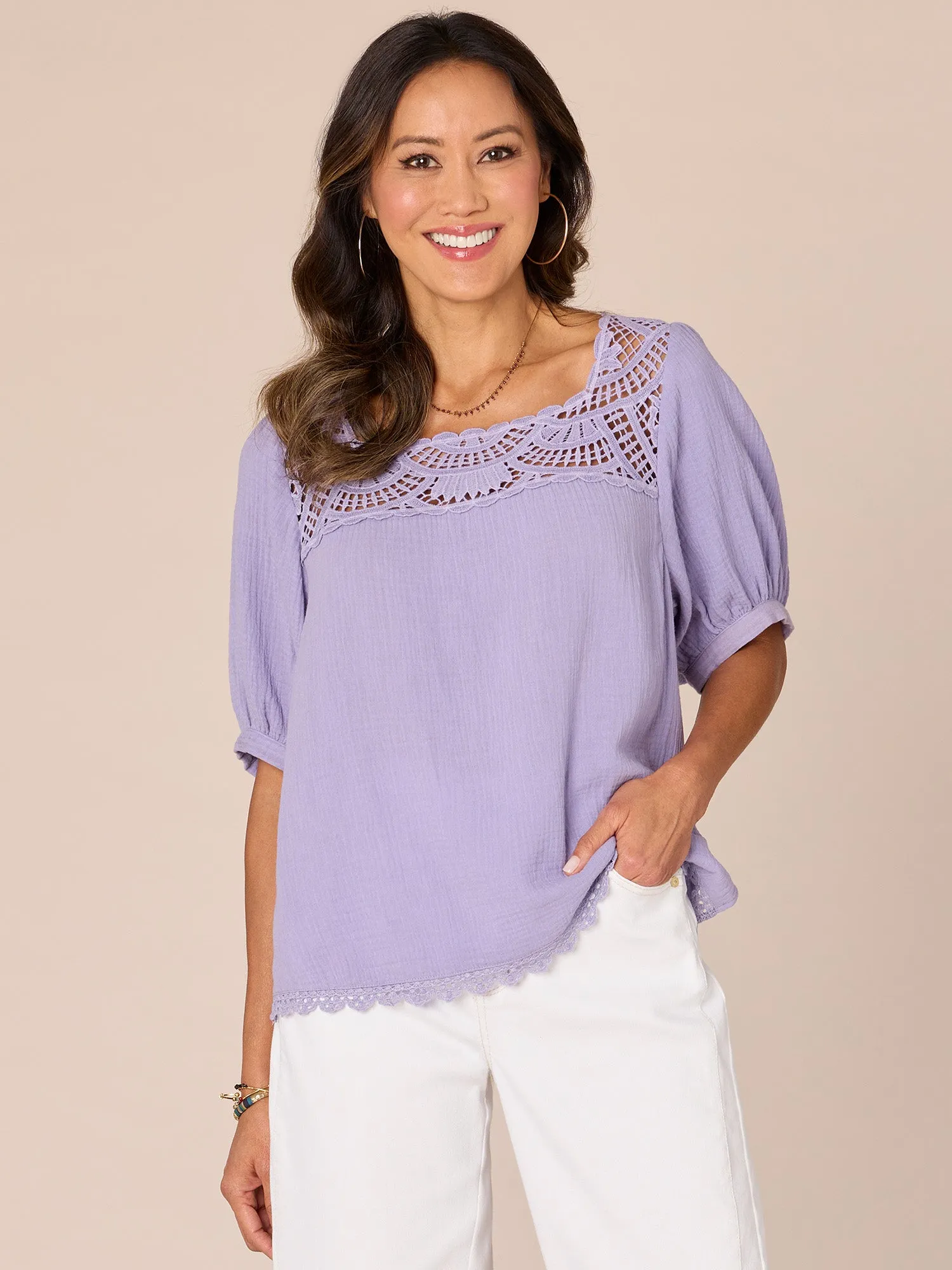 Above Elbow Bubble Sleeve Square Crochet Neck Woven Top