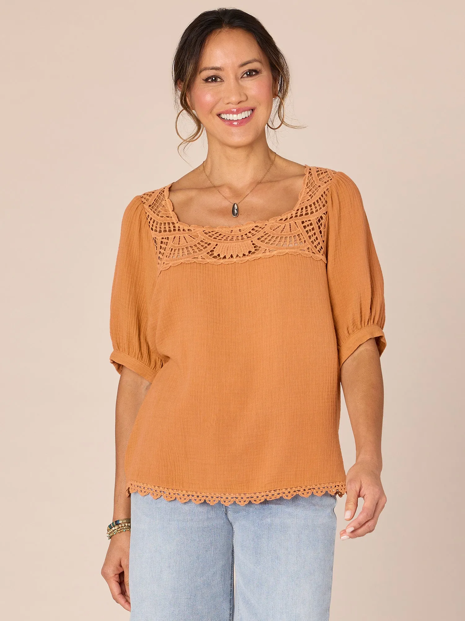 Above Elbow Bubble Sleeve Square Crochet Neck Woven Top