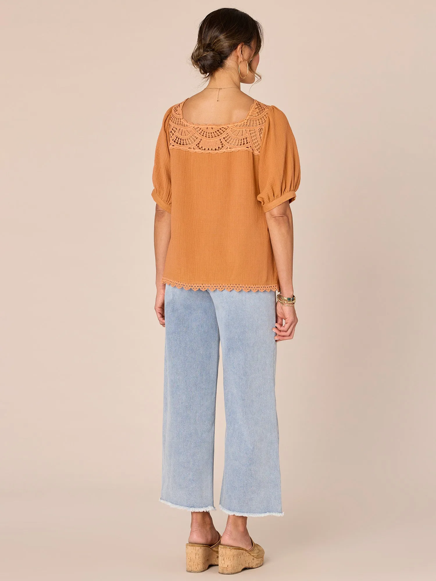 Above Elbow Bubble Sleeve Square Crochet Neck Woven Top