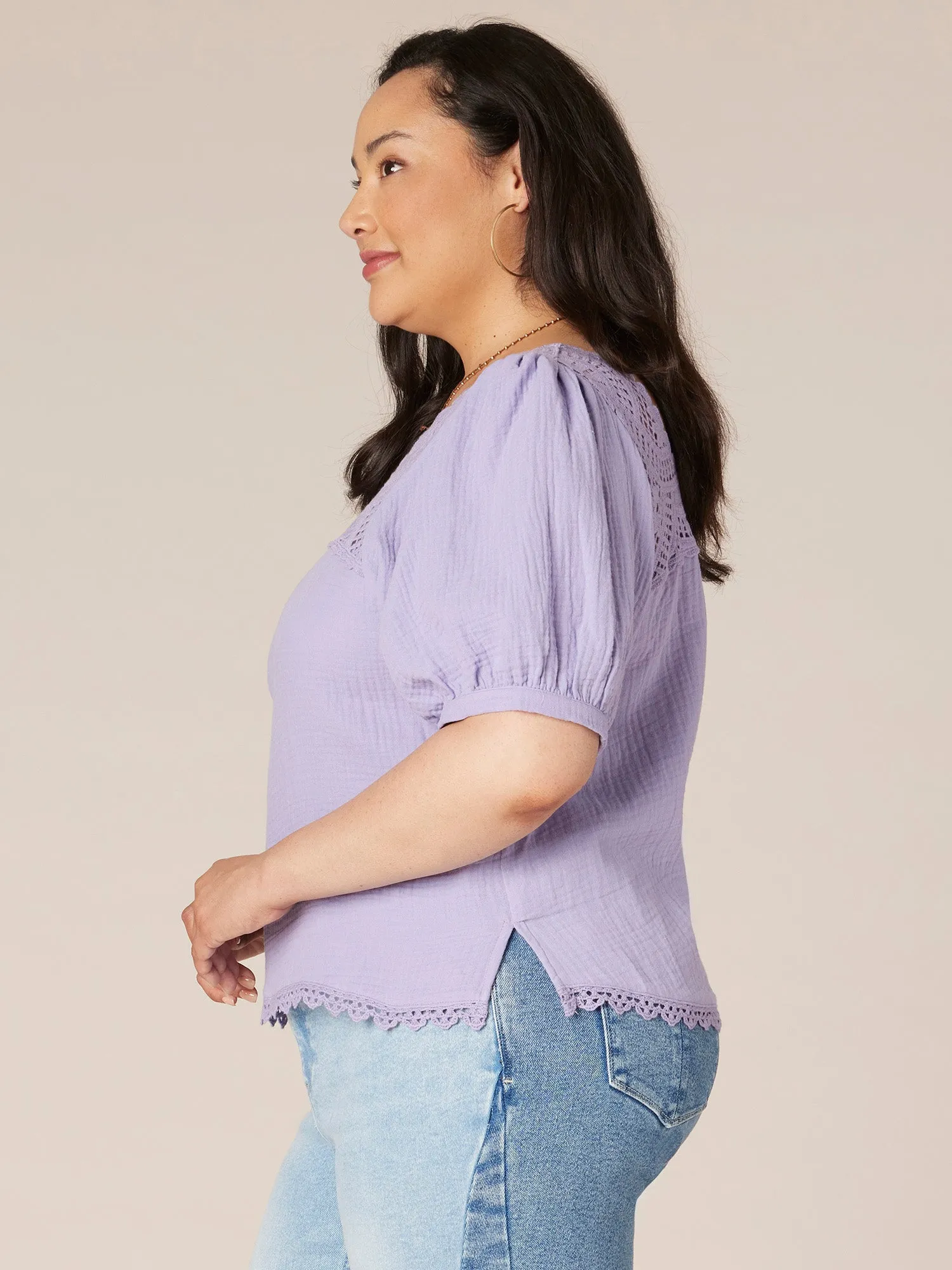 Above Elbow Sleeve Square Neck Plus Size Woven Top with Crochet