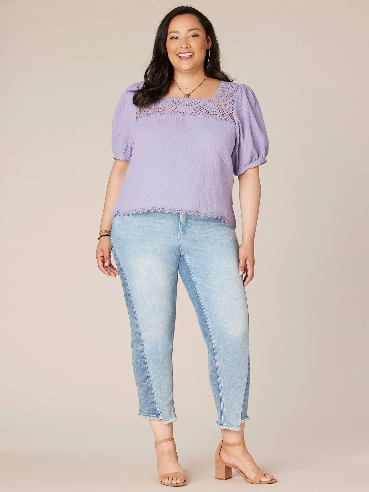 Above Elbow Sleeve Square Neck Plus Size Woven Top with Crochet