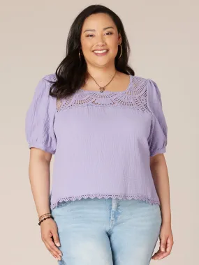 Above Elbow Sleeve Square Neck Plus Size Woven Top with Crochet