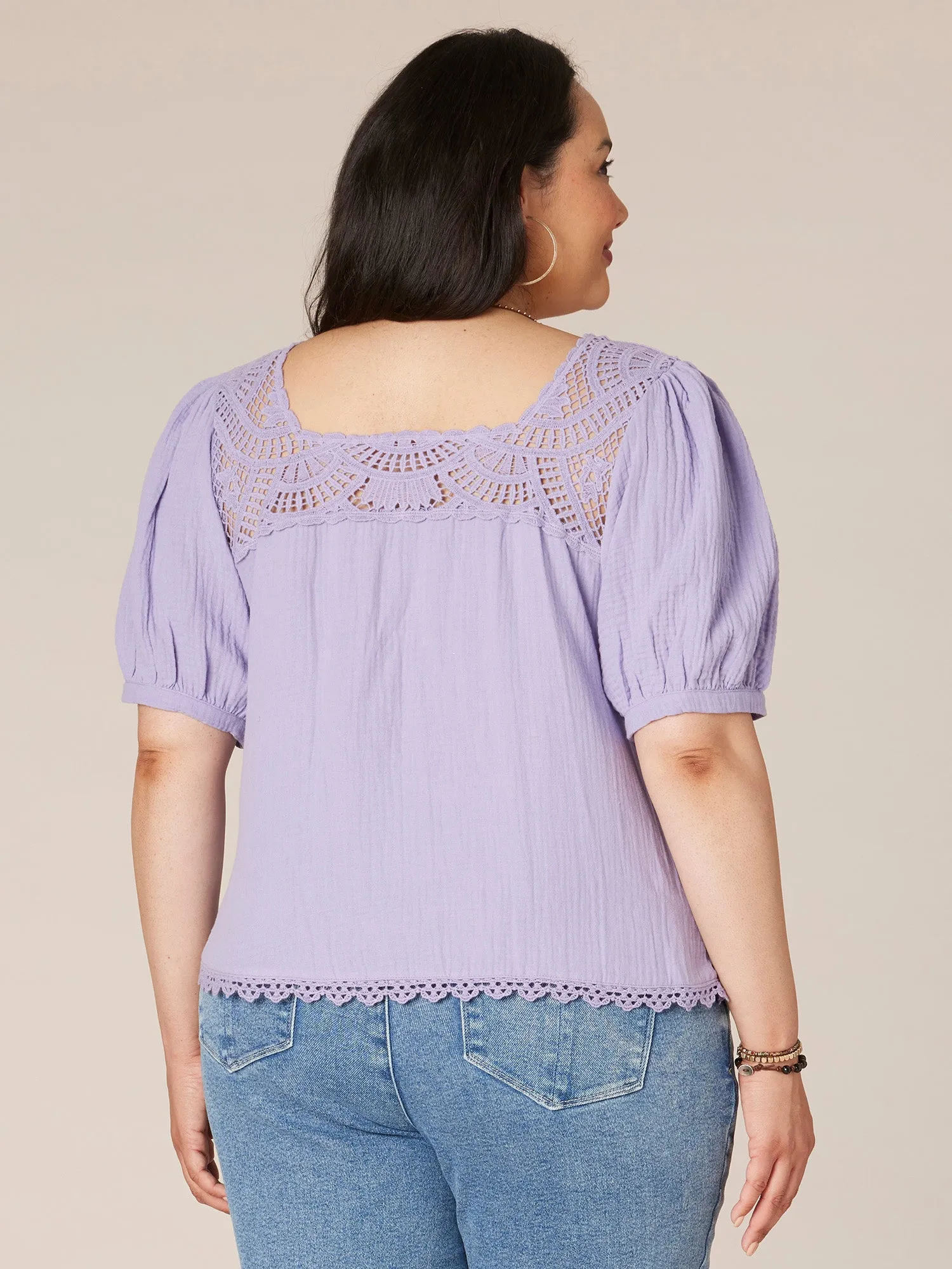 Above Elbow Sleeve Square Neck Plus Size Woven Top with Crochet