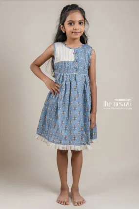 Adorable Hand Block Printed Sleeveless Blue Cotton Frock with Embellished Potli Button for Girls