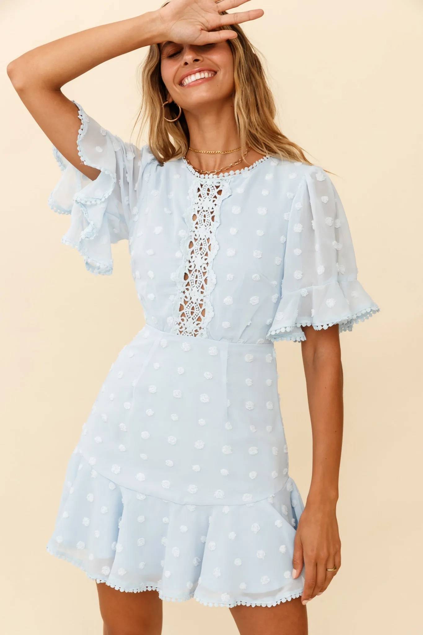 Afternoon Delight Crochet Bust Accent Open Back Dress Baby Blue