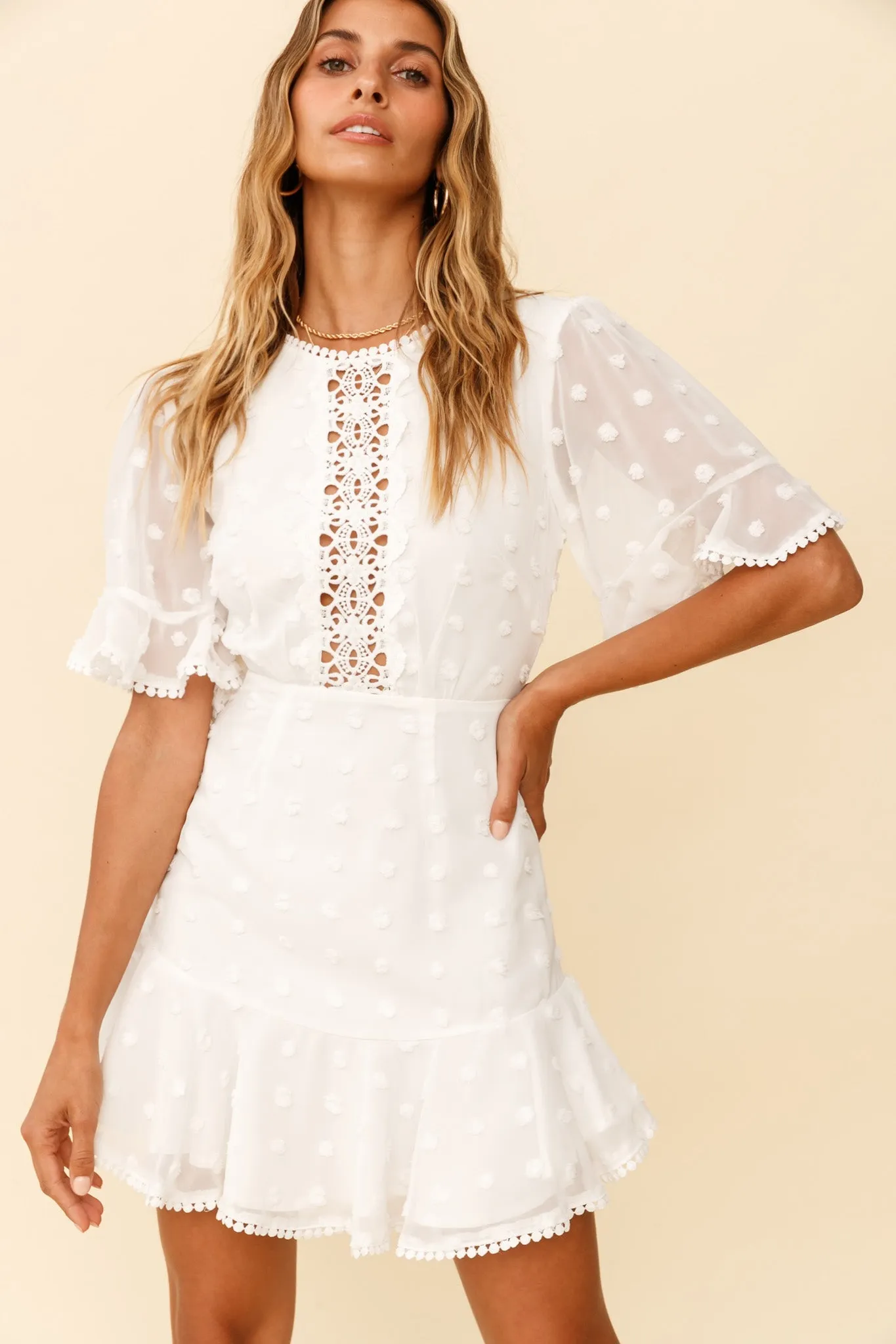 Afternoon Delight Crochet Bust Accent Open Back Dress White