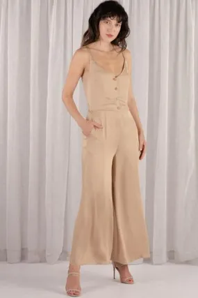 Amber Front Button Overall Jumpsuit in Latte