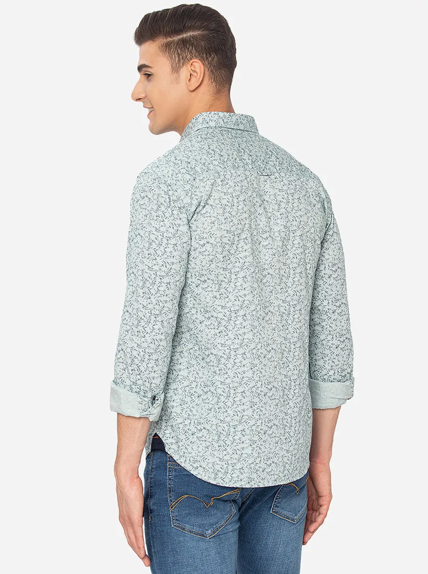 Aqua Green Printed Slim Fit Semi Casual Shirt | Greenfibre