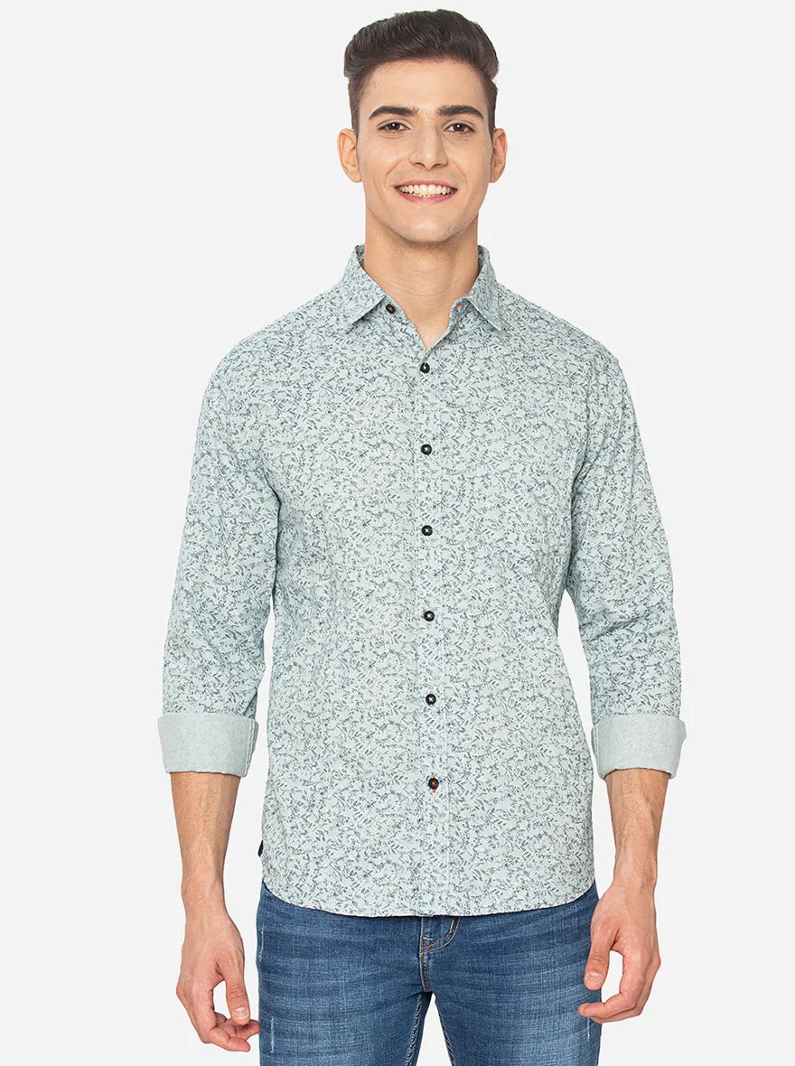 Aqua Green Printed Slim Fit Semi Casual Shirt | Greenfibre