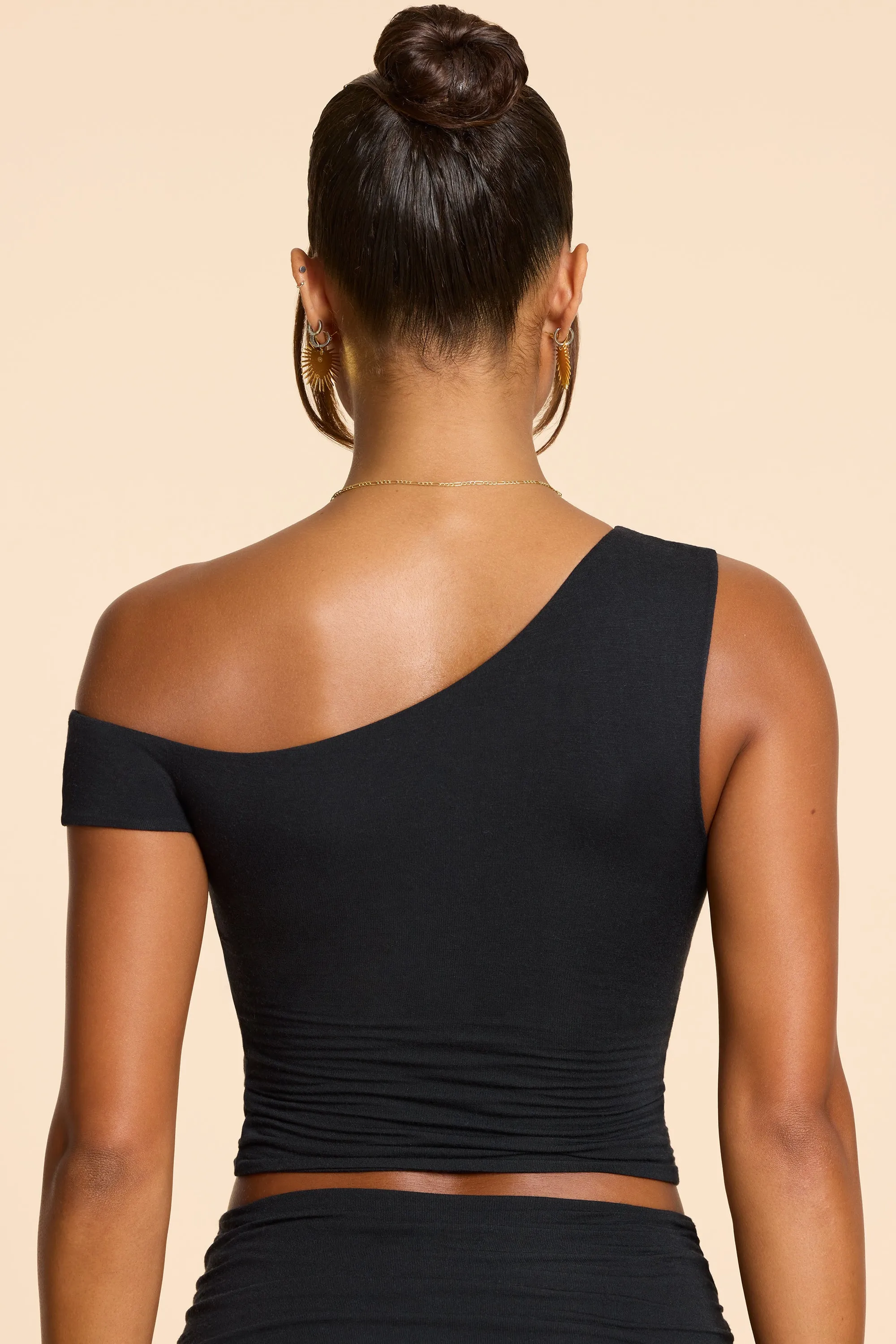 Asymmetric Neck Ruched Modal Cashmere Blend Top in Black