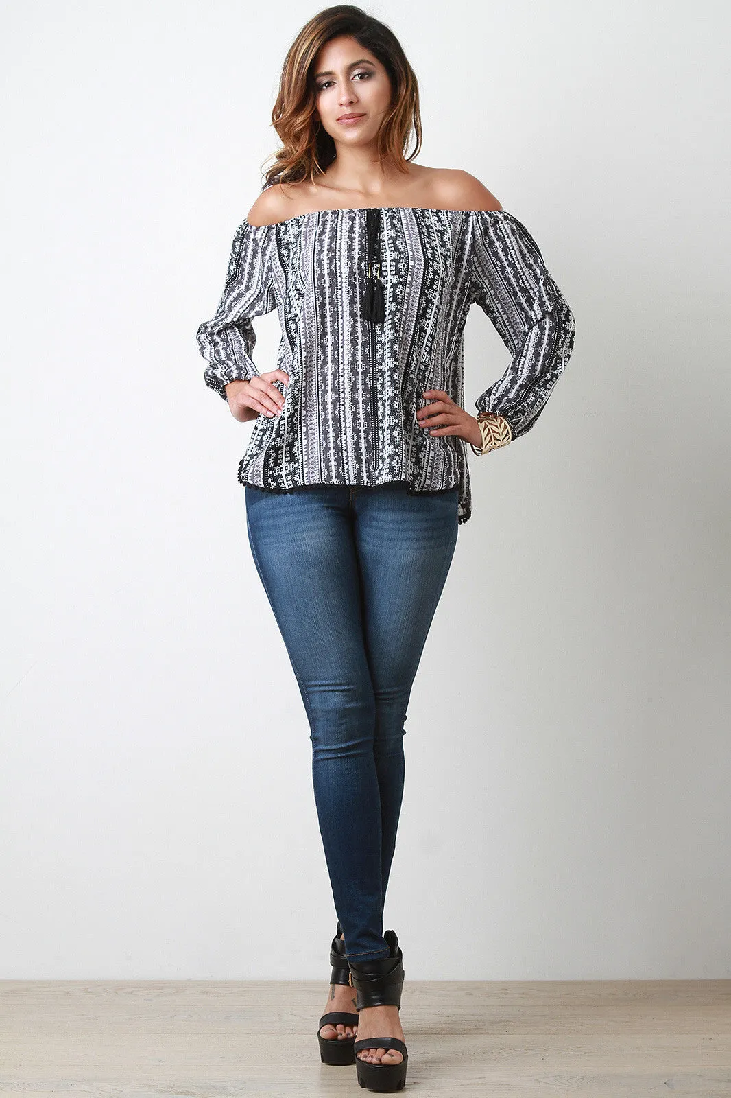 Aztec Off the Shoulder Long Sleeves Blouse