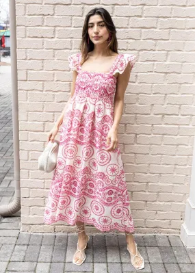 Balboa Embroidered Eyelet Flutter Sleeve Midi Dress