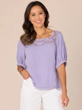 Banded Bubble Sleeve Square Crochet Neck Petite Woven Top