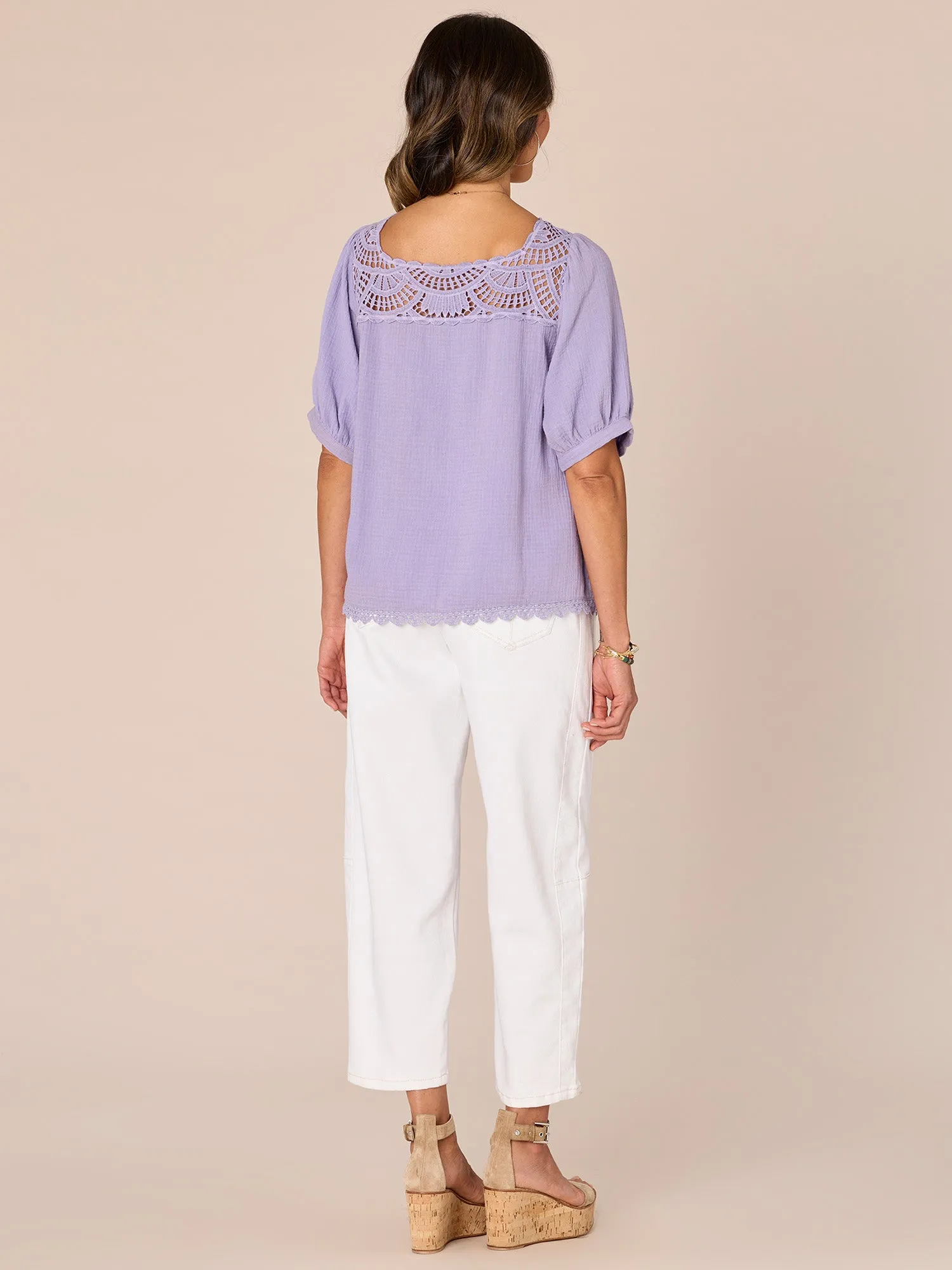 Banded Bubble Sleeve Square Crochet Neck Petite Woven Top