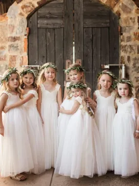 Beautiful Lace & Tulle V-neck Neckline Floor-length A-line Flower Girl Dresses FD070