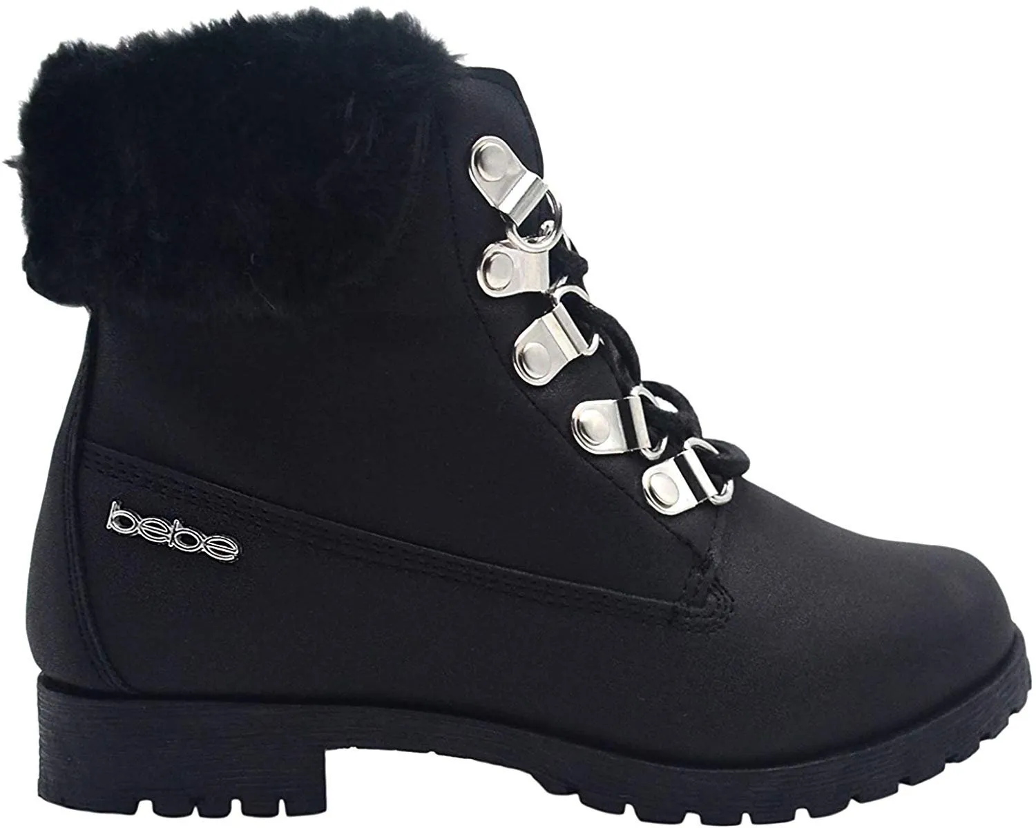 bebe Girls Big Kid Easy Pull-On Lace Up Short Ankle Shimmer Nubuck Boots Embellished with Faux Fur Cuff