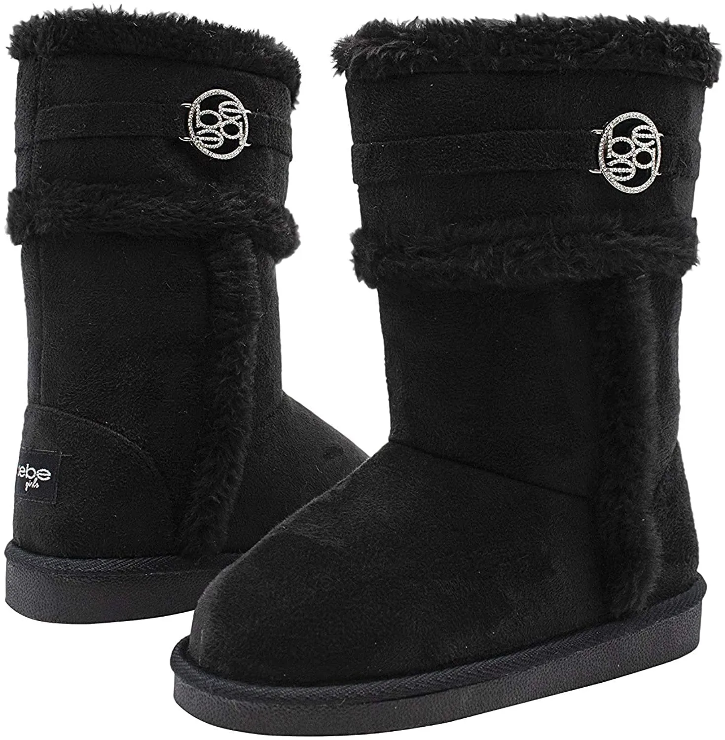 bebe Girls’ Big Kid Slip On Tall Microsuede Warm Winter Boots with Faux Fur Trim and Medallion