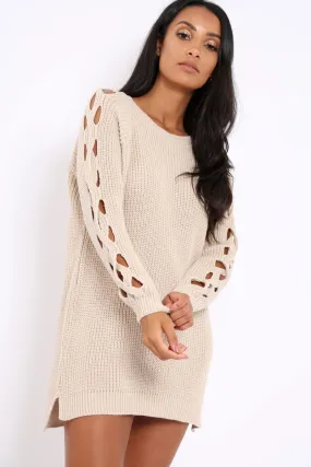 Beige Cable Knit Jumper Dress with Cut out Detail - Daysie