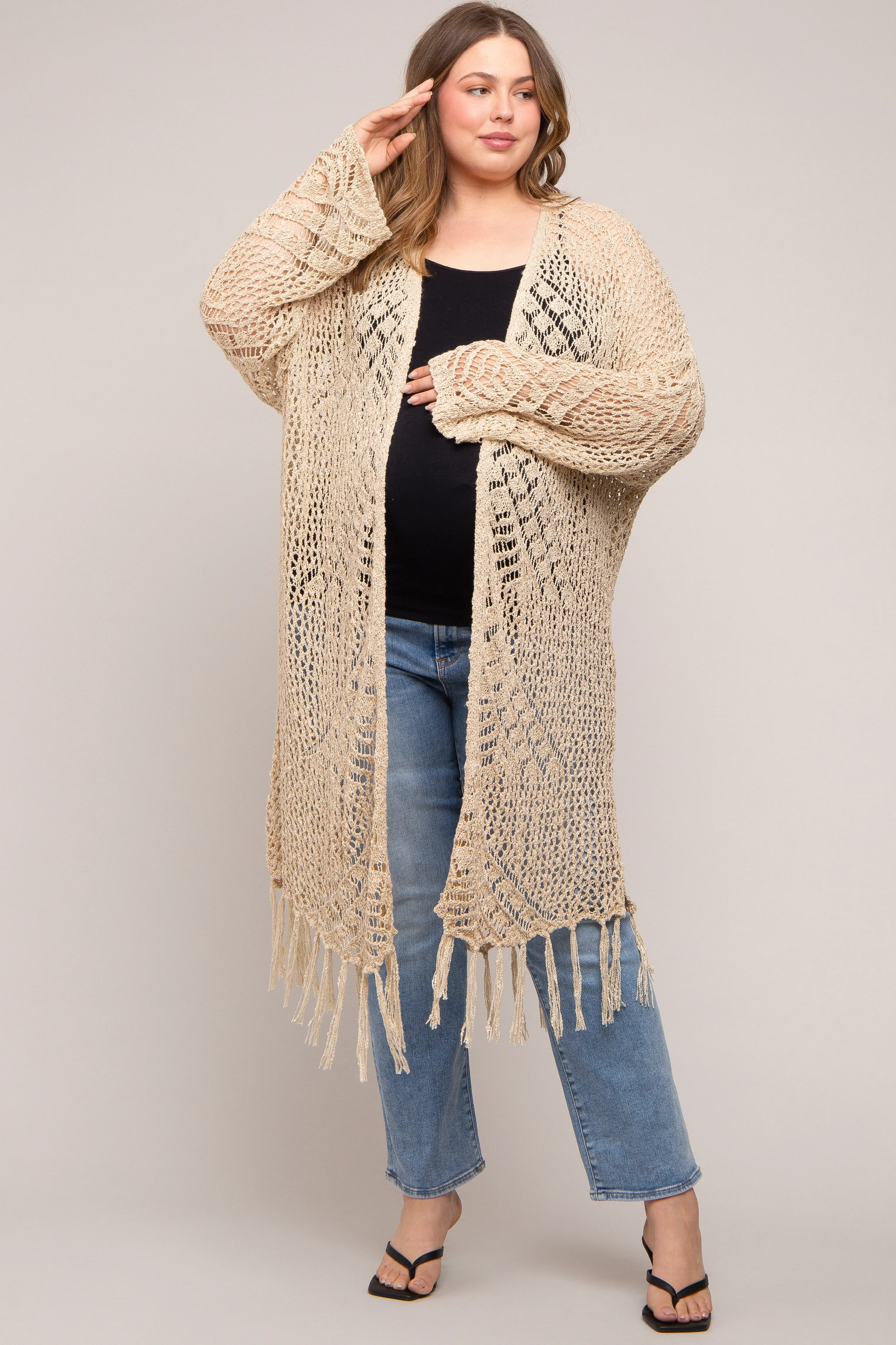 Beige Crochet Fringe Hem Maternity Plus Cardigan