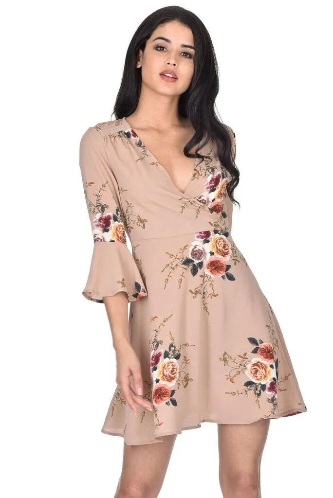 Beige Printed Wrap Over Skater Dress