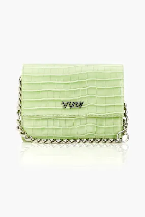 Big Trouble Acid Lime Croc Leather Shoulder Bag with Silver Chain Hardware