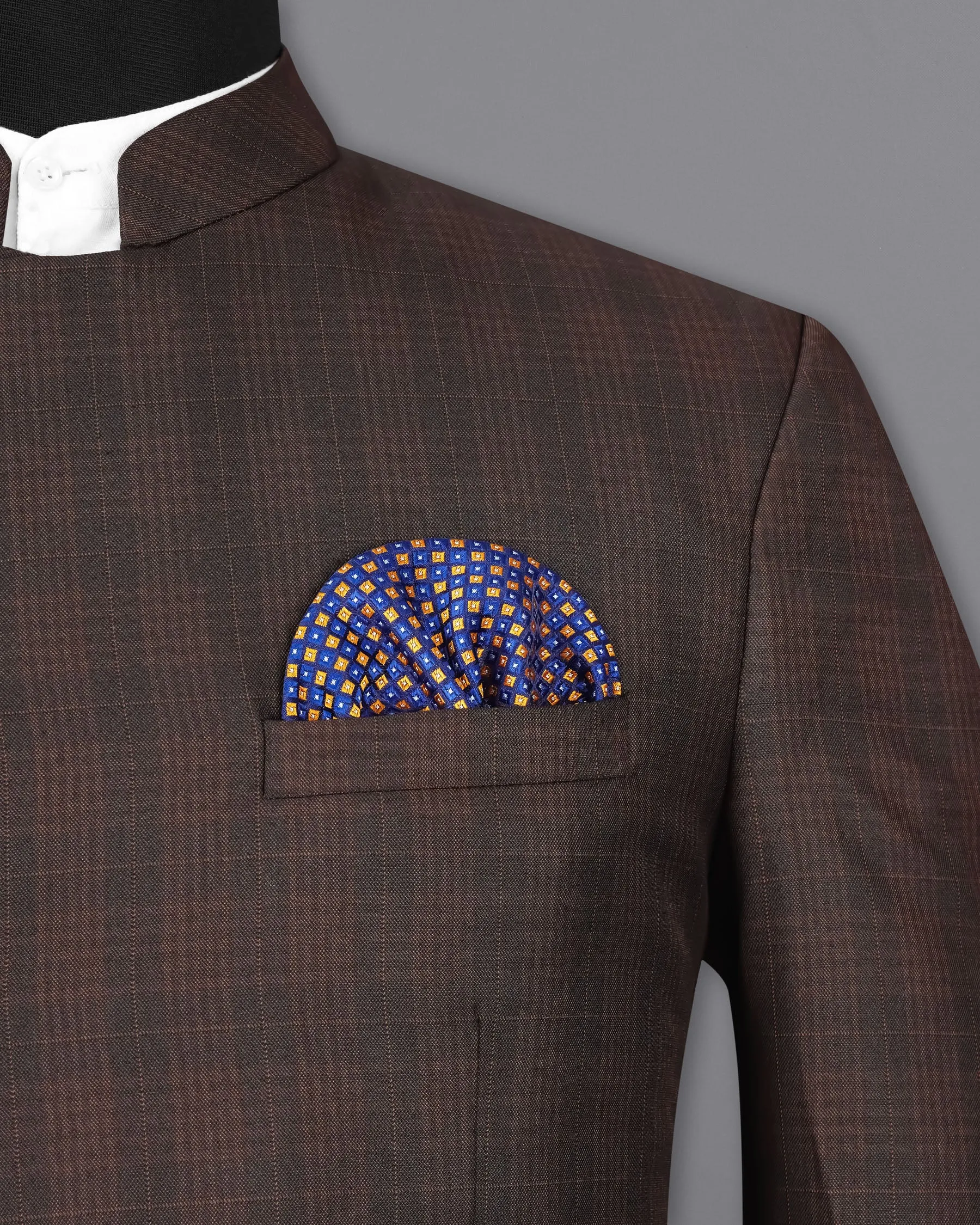 Birch Brown Plaid Cross Placket Bandhgala Suit