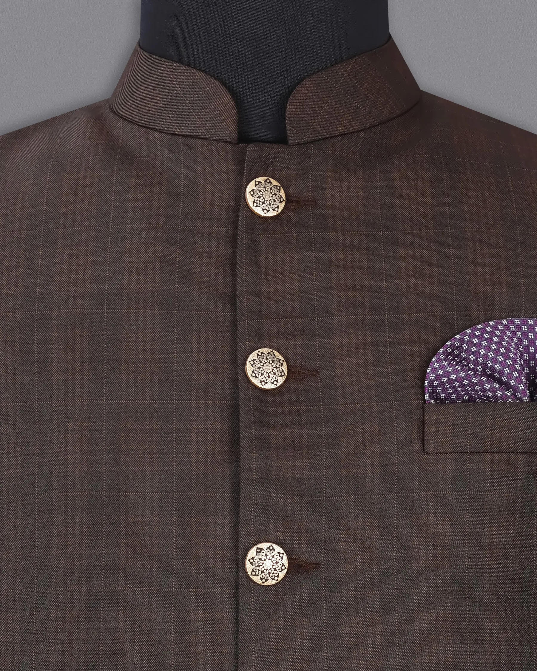 Birch Brown Plaid Cross Placket Bandhgala Suit