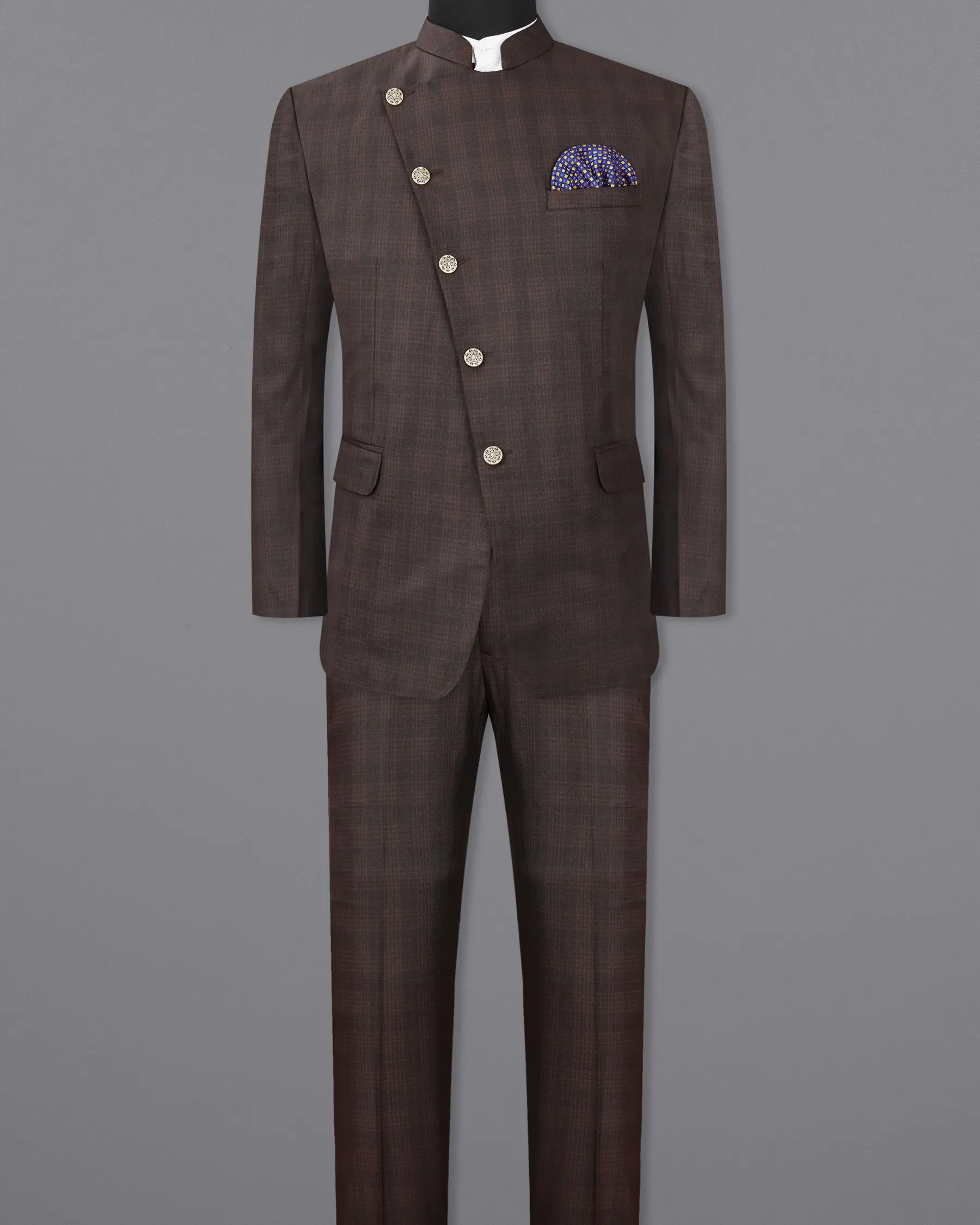 Birch Brown Plaid Cross Placket Bandhgala Suit